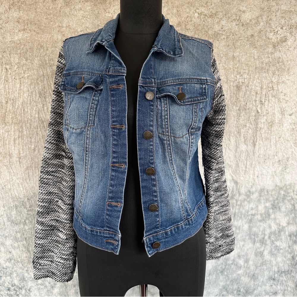 Jessica Simpson Blue Denim Jacket with Black and Gray Sleeves